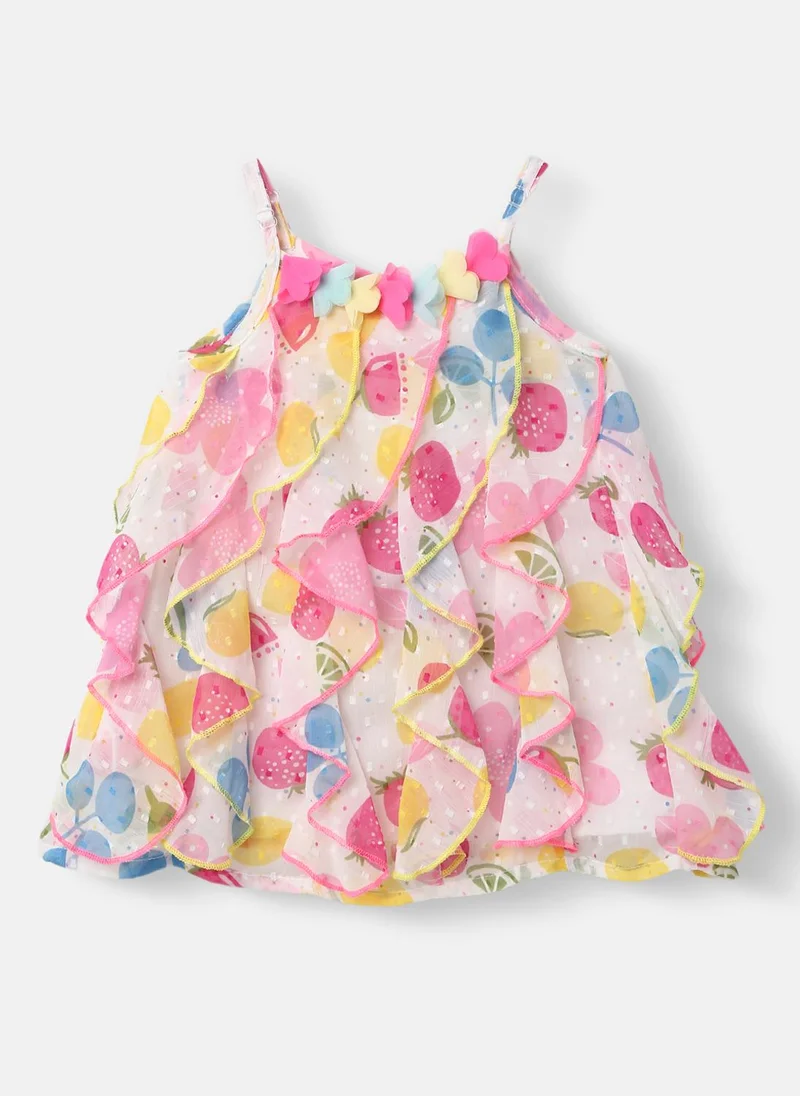 Nautinati  Girls' Chiffon Ruffle All-over Strawberry, Mango, Blueberry & Floral Print A-line Dress with Swiss Dot Pattern for Women | Best Price UAE
